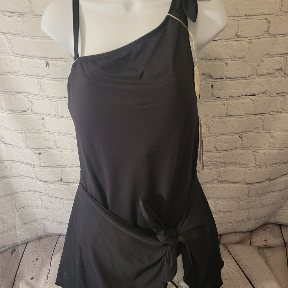 Coco Reef BLACK Rosaline One-Shoulder Tummy-Control Sarong Swim Dress